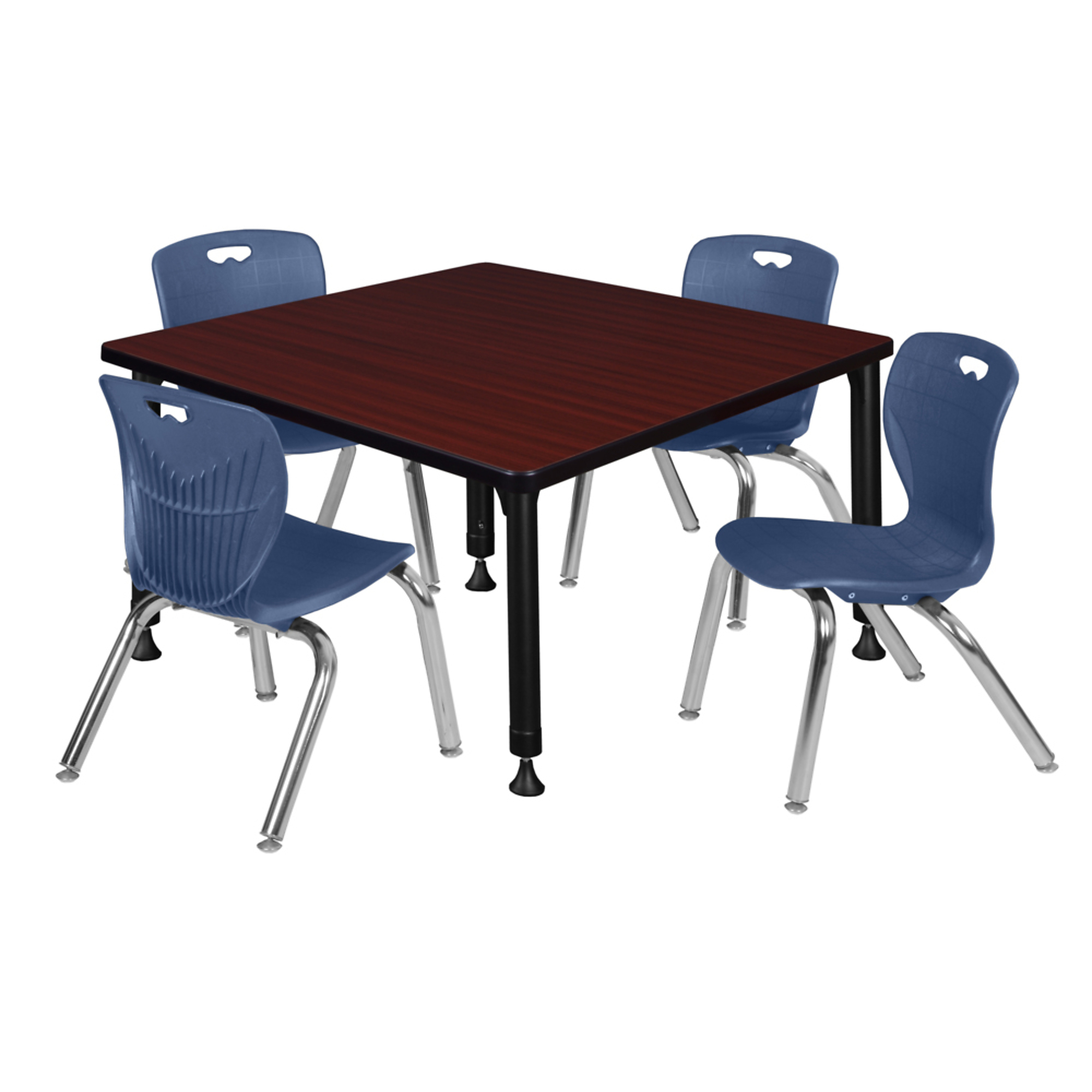 Regency Kee Adjustable Classroom Table with 4 Andy Stack Chairs — 36in. Square, Mahogany/Navy Blue, Model# TB3636MHAPBK45NV